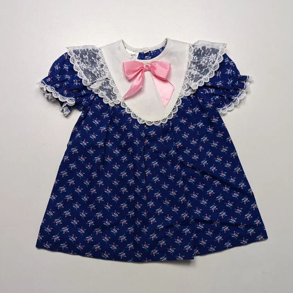 Vintage Sears Dress Girls Size 24m Blue Floral Frilly Bow